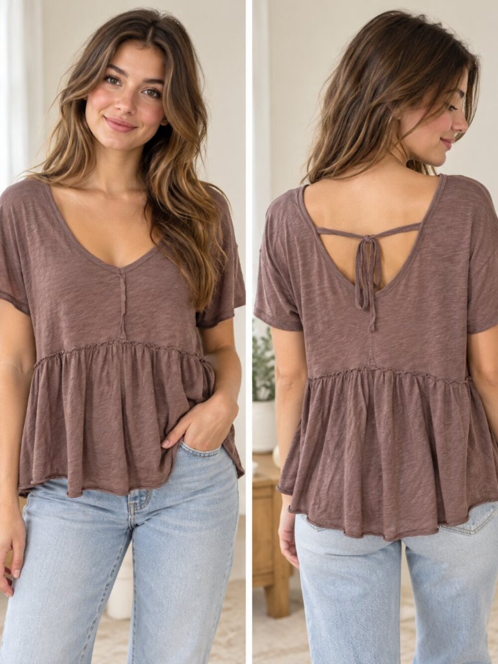 American Eagle Mauve Peplum Tie Back V-Neck Top Size Medium